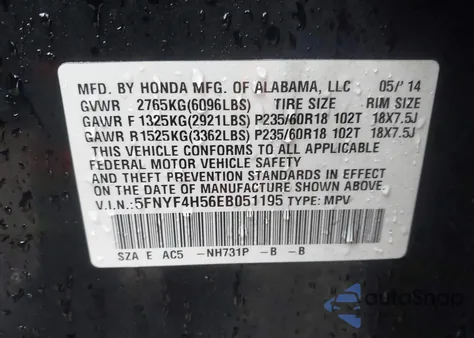2014 Honda Pilot Ex-L from USA, damaged, VIN 5FNYF4H56EB051195